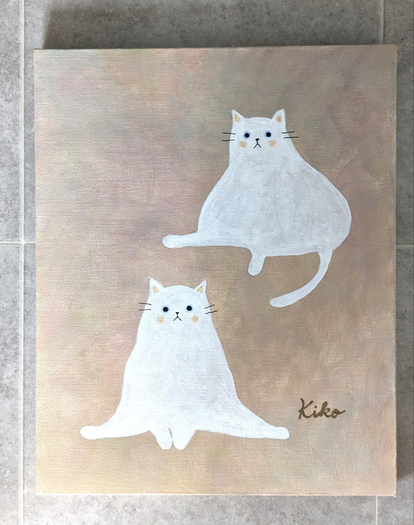 キャンバスアート　原画　「２匹の白い猫」 6枚目の画像