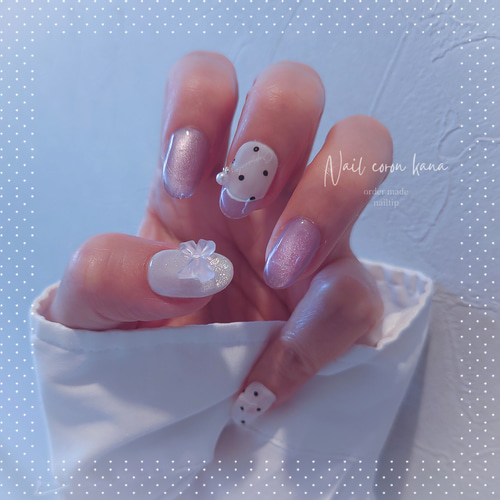 sale】リボンネイル 水玉ドットネイルチップ グレープカラー