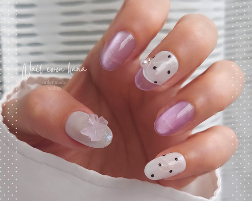 312】オーダー❉紫 ドット リボン 大人可愛い マグネットネイル 312