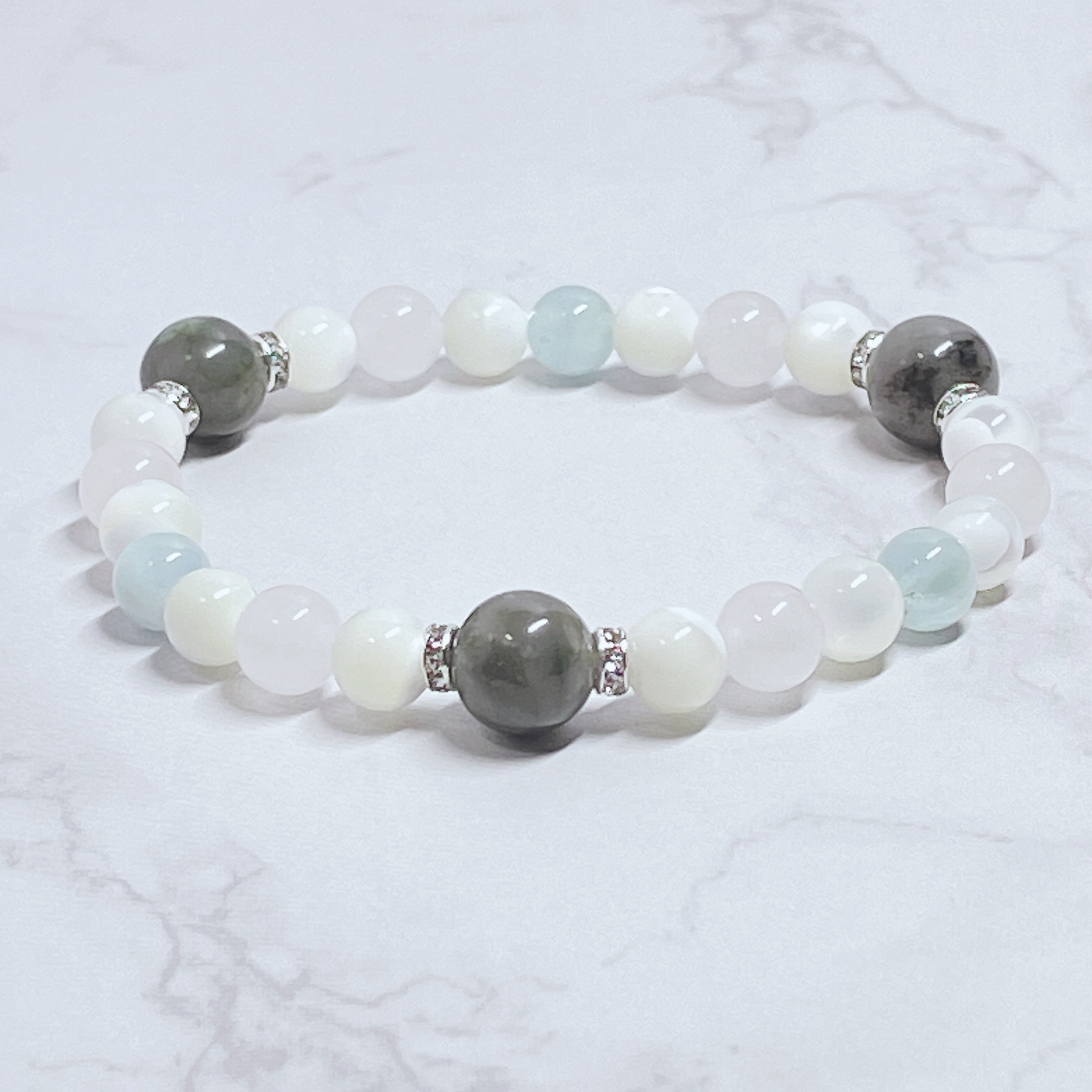 ✦安産・育児、幸せな結婚生活へ エメラルド・マザーオブパール・ローズクォーツ・アクアマリン ブレスレット No716