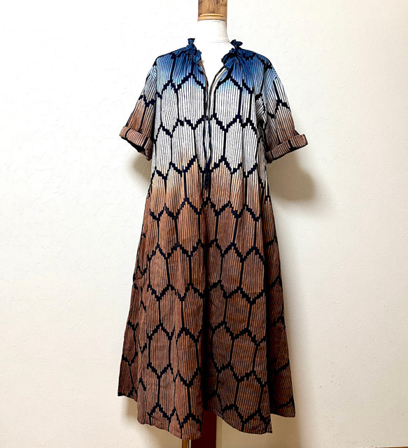 ⭐️藍×柿渋染め　浴衣のグラデーション　ワンピース　着物リメイク 