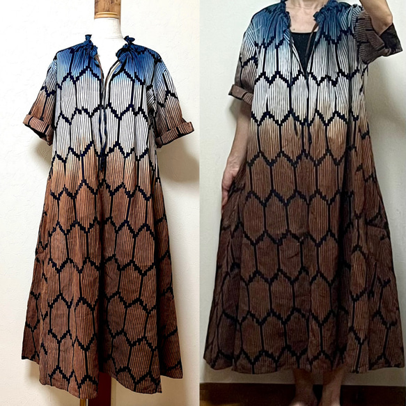 ⭐️藍×柿渋染め　浴衣のグラデーション　ワンピース　着物リメイク 