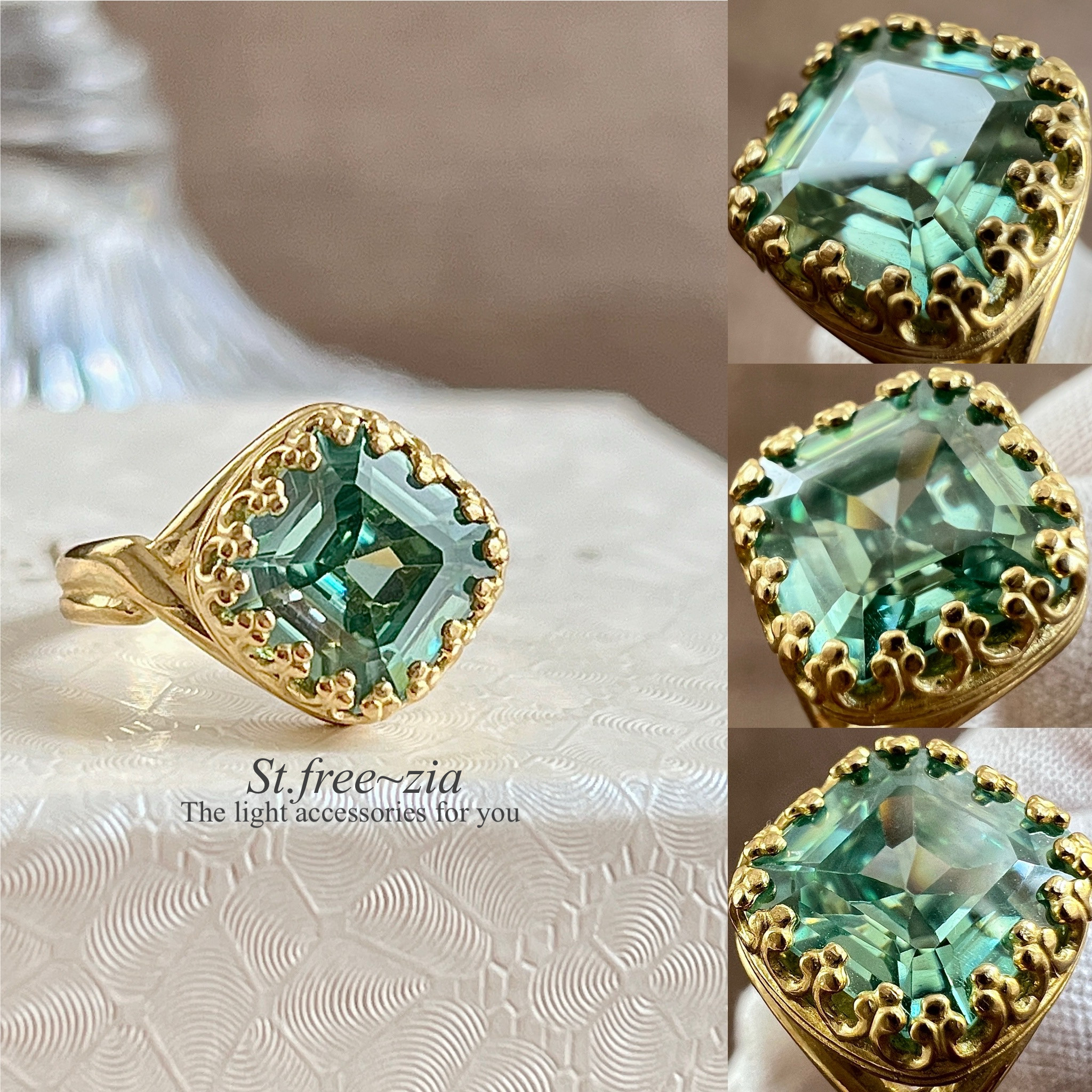 真鍮★ミニ鑑別書付き★グリーンモアッサナイト☆11〜17号フリーサイズ☆スクエア9.37×9.21mm☆一粒リング