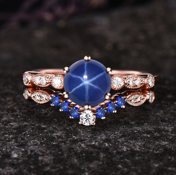 ブルー スター サファイア リング セット ヴィンテージ 9 月の誕生石