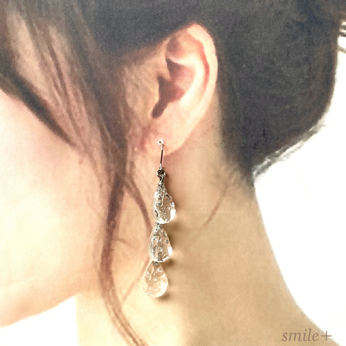 ガラス風3連ドロップ ピアス/イヤリング ピアス（フック・チェーン