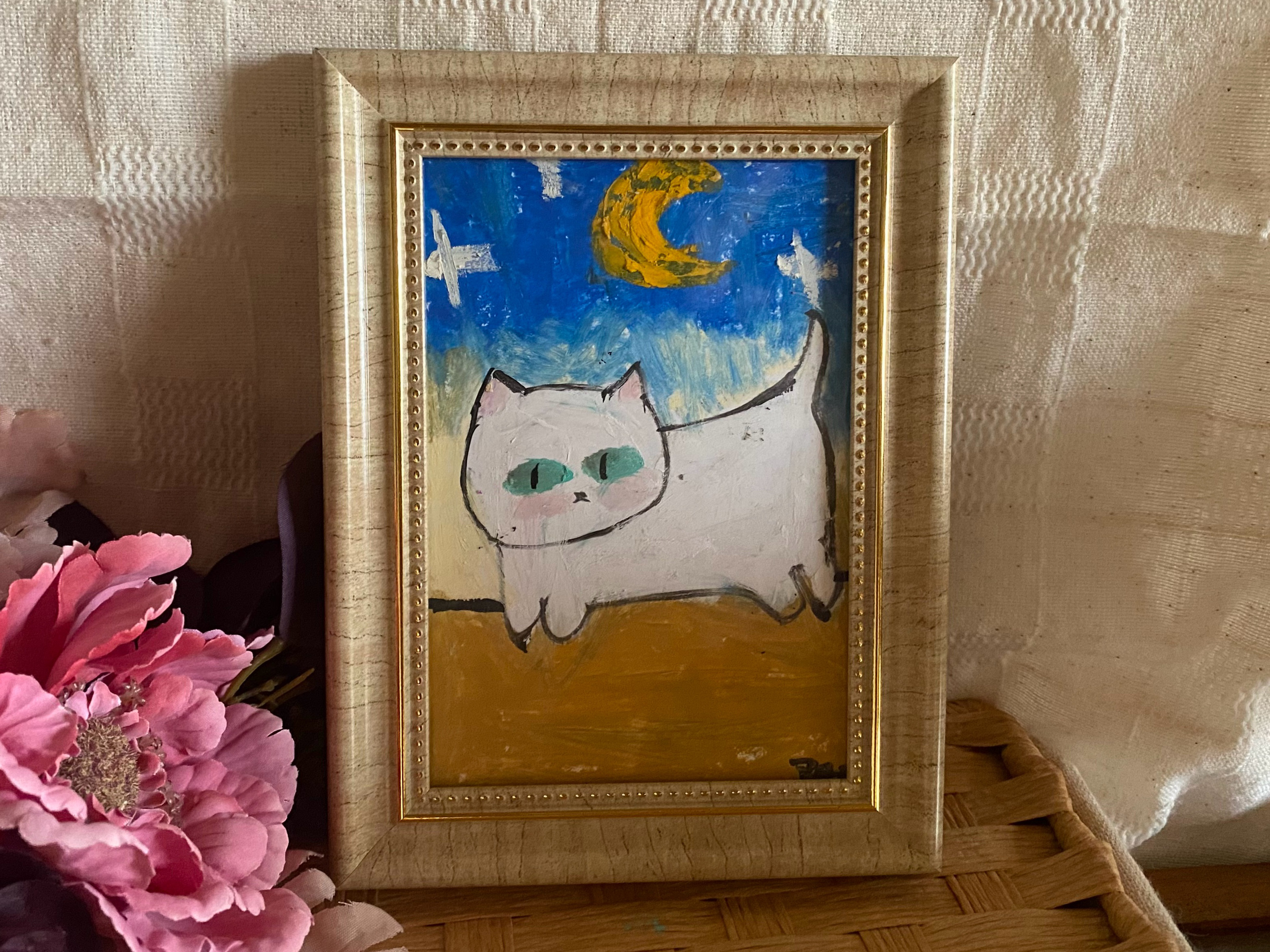 油絵◆画家の描いた絵画作品◆白猫好きな方に♪