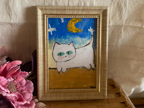 激安店舗 絵画。原画手描【夜の散歩が好きな白い猫】 絵画 アカザ麦 通販 絵画