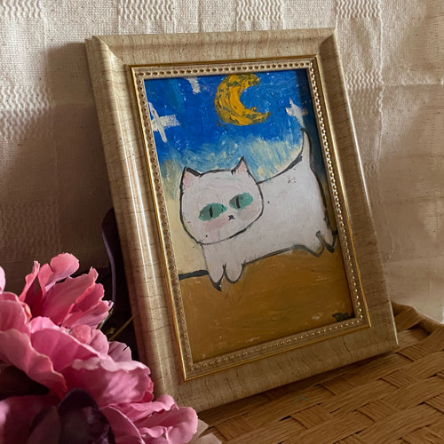 絵画。原画【かわいい白い猫が夜に梯子を登って光る星を集める
