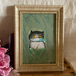 絵画。原画☆キャンバスF6【かわいい猫2匹とビールを飲みます】