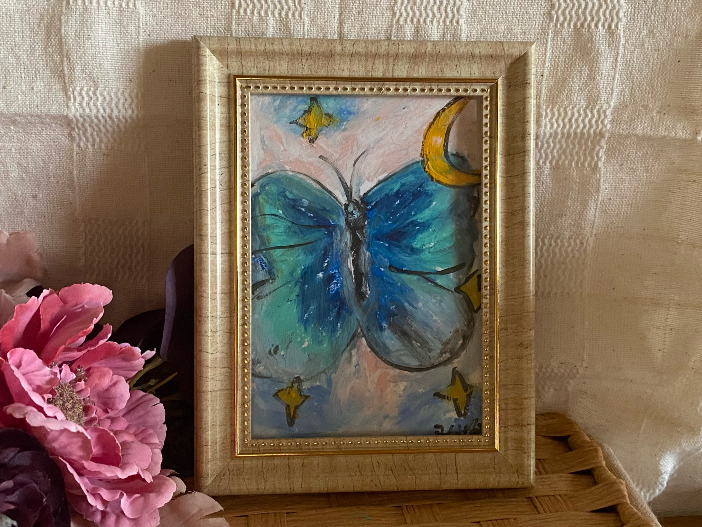 絵画/原画/羽/手/空/アンティーク調/フレーム/蝶 モルフォ蝶の小さな絵 - Morpho theseus juturna- /原画