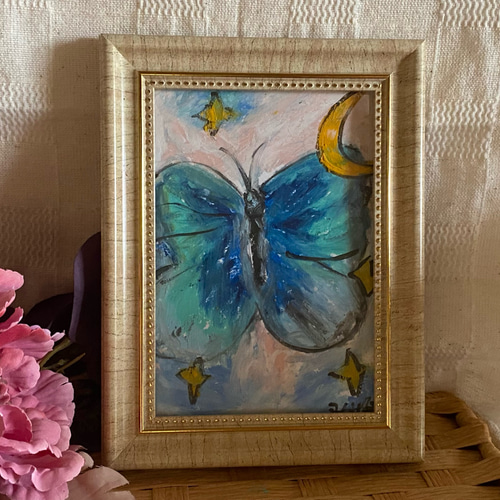 【レア】遊山箱　蝶々　絵入り 絵画。原画手描【美しい青い蝶が舞っている】 絵画 アカザ麦 通販