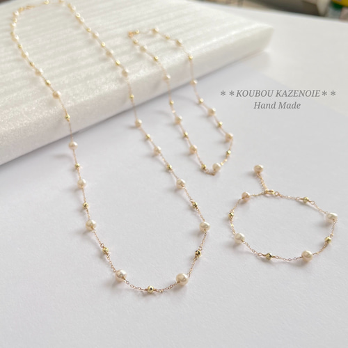 Ｇちゃん ♦︎14kgf淡水パールフラワーカービングネックレス 小花と花びら〗淡水パールネックレス（ホワイト）14kgf【1437