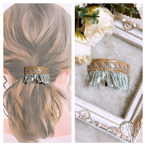 ꕤインド刺繍リボン　ポニーフック　ヘアカフ　ブラック　いちご柄ꕤ ꕤインド刺繍リボン ポニーフック ヘアカフ ブラック いちご柄ꕤ
