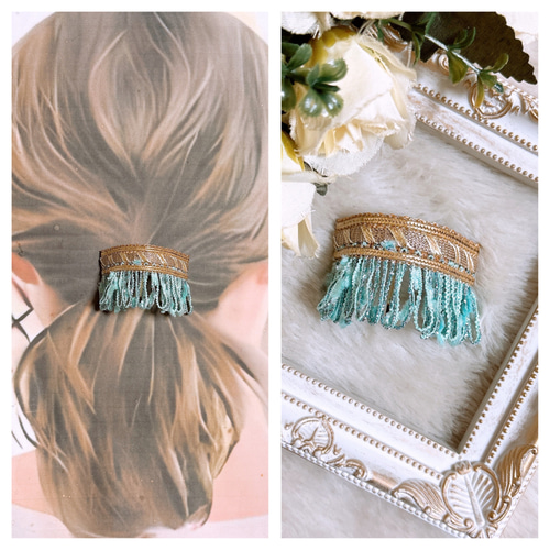 インド刺繍リボン　ポニーフック　ヘアカフ　ꕤオーダー受付ページꕤ インド刺繍リボン ポニーフック ネイビー ポニーフック