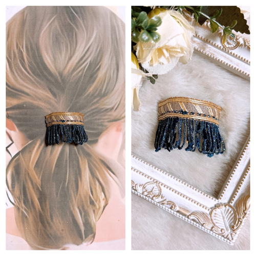 インド刺繍リボン ポニーフック NO.133 p インド刺繍リボン ポニーフック ネイビー ポニーフック