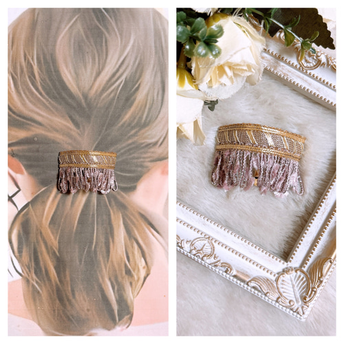 ꕤインド刺繍リボン ポニーフック ヘアカフ ブラック いちご柄ꕤ ꕤ