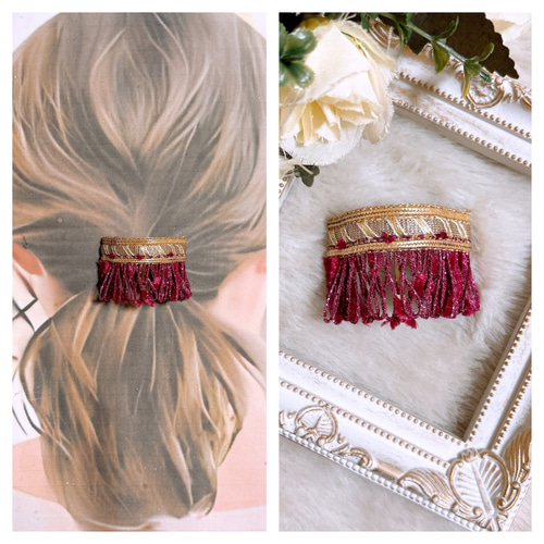インド刺繍リボン　ポニーフック　ヘアカフ　ꕤオーダー受付ページꕤ インド刺繍リボン ポニーフック ネイビー ポニーフック