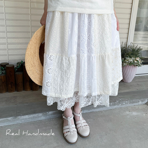 予約販売] cottonレースパッチティアードスカート☆ホワイト生成り  
