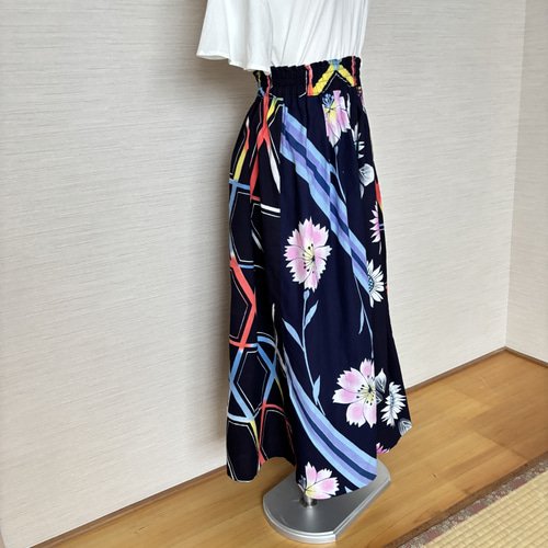 【１点物】浴衣 リメイク リメイク　ギャザースカート牡丹花ちょう、相撲柄 1点物】浴衣 リメイク リメイク ギャザースカート牡丹花ちょう