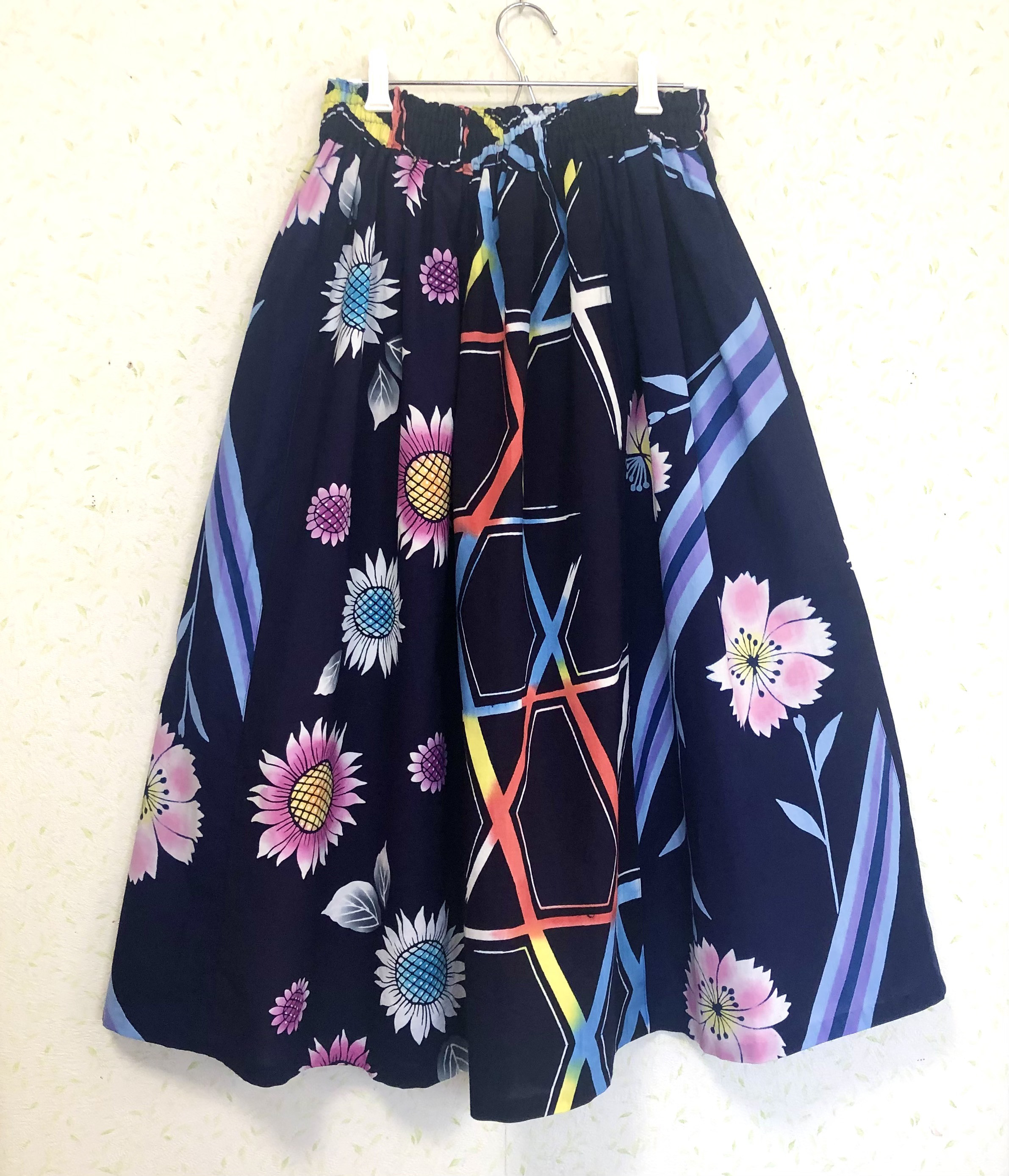 浴衣地タックギャザースカート なでしこ ひまわり 浴衣リメイク 着物  