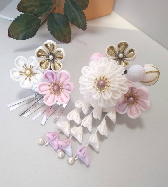 七五三髪飾りセット つまみ細工 パステルカラー 白色×桜色 7-32 七五三 髪飾り 3歳 5歳 7歳 三歳 五歳 七歳 つまみ細工 レース
