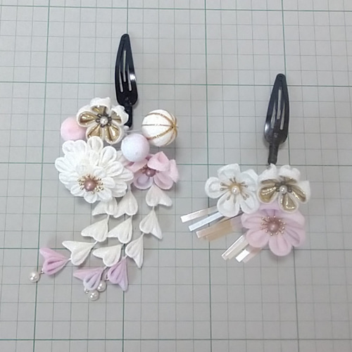 つまみ細工 髪飾り #19-34 七五三 半クス×銀ビラ オフホワイト（3歳用