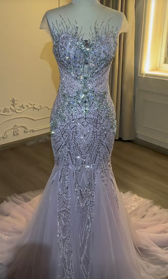 顧客満足度99％以上！編み上げデザイン　ピンク紫　チュール　ストーン　トレーン結婚式挙式　パーティードレス結婚式　お買い 