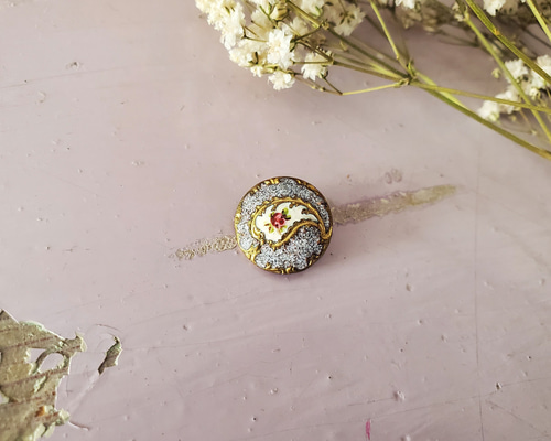 フランス アンティーク エナメル ボタン 薔薇柄 ハンドペイント エマイユ