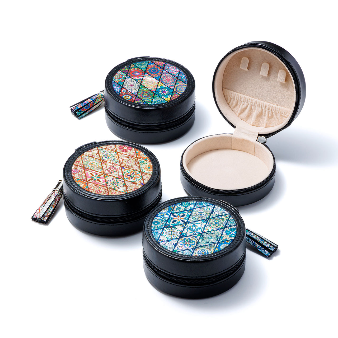 天然貝 螺鈿アート★ アクセサリーポーチ ジュエリーポーチ (螺鈿レザータッセル付き）モロッコタイル｜ギフトにおすすめ