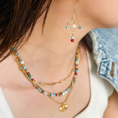 天然石のエスニックネックレス ∕ レイヤード 重ねづけ ターコイズ