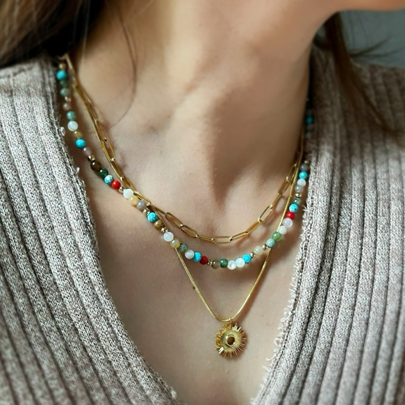 天然石のエスニックネックレス ∕ レイヤード 重ねづけ ターコイズ