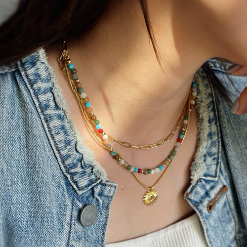 天然石のエスニックネックレス ∕ レイヤード 重ねづけ ターコイズ