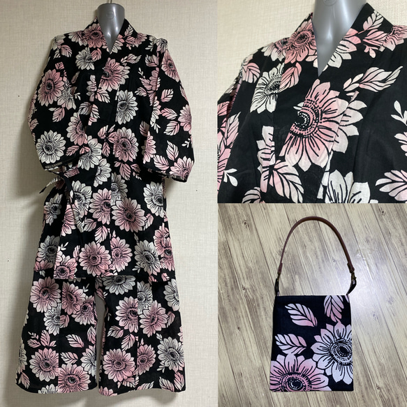 新品 浴衣甚平 黒 ひまわり 柄 リメイク 大きいサイズ 〜XL No