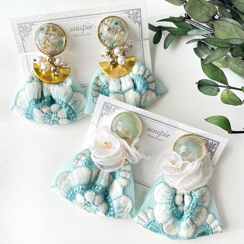 大ぶりチュールインド刺繍リボンタッセルピアス/イヤリング イヤリング