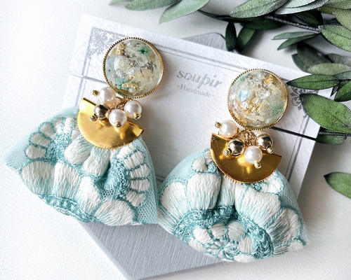 大ぶりチュールインド刺繍リボンタッセルピアス/イヤリング
