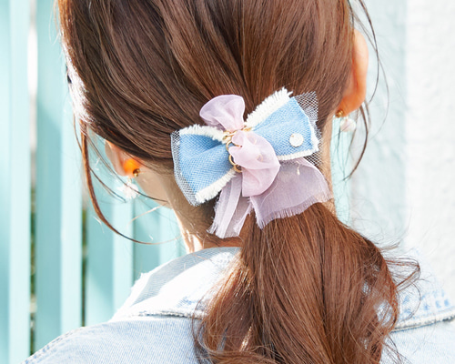ハンドメイド♡マロリー バニラ♡ポニーヘアクリップ デニムのクチュールリボン｜バレッタ/ヘアクリップ/ポニーフック