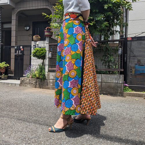 あじさいとほろほろ鳥 3way 巻きスカート アフリカ布 ロングスカート  