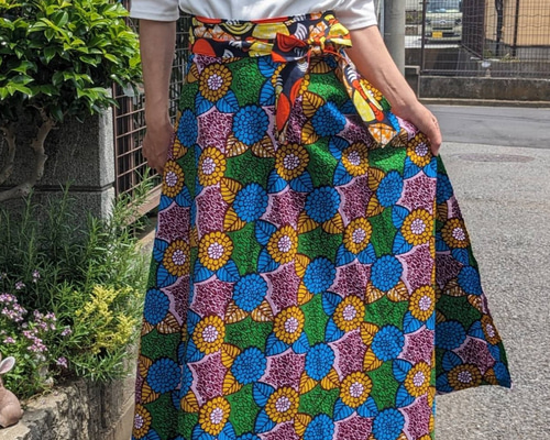 在庫セール! お花とほろほろ鳥 3way 巻きスカート アフリカ布 ロング