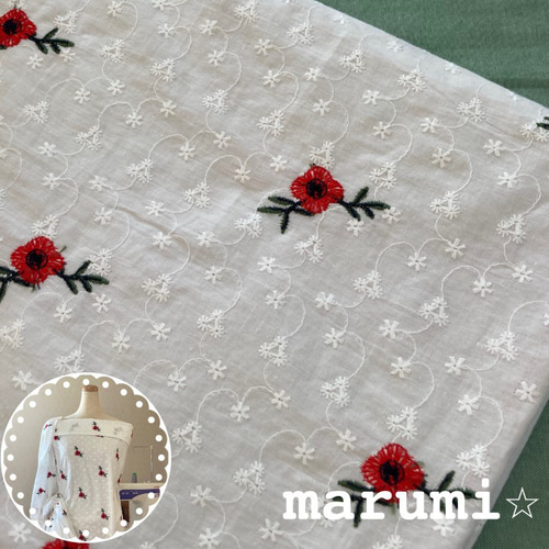 綿刺繍生地☆140×10cm単位☆花の刺繍☆赤 生地 marumi☆生地