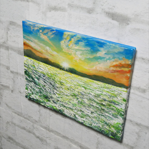 「草原ふるさと」　手描き　油絵　風景画　原画　油彩画 油絵】【朝焼けの草原に咲く白い花と朝日】 #油絵 #手書き