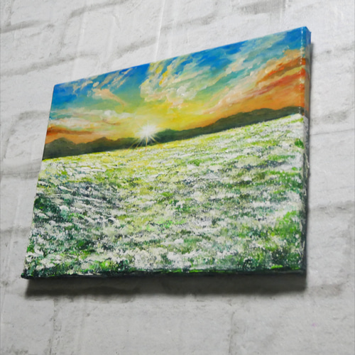 油絵 油彩 油彩画 絵 絵画 【草原に咲く白い花と朝日】 絵画