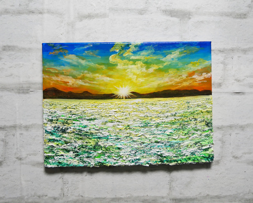 油絵 油彩 油彩画 絵 絵画 【草原に咲く白い花と朝日】 絵画 HR 通販