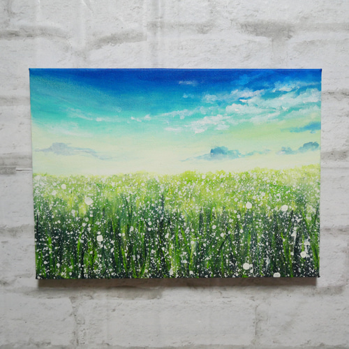 油絵 油彩 油彩画 絵 絵画 【草原に咲く白い花と朝日】 絵画