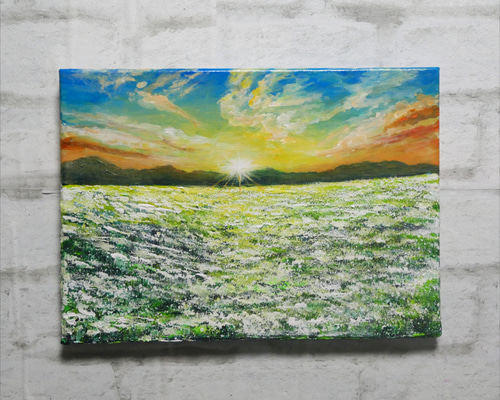 油絵 油彩 油彩画 絵 絵画 【草原に咲く白い花と朝日】 絵画