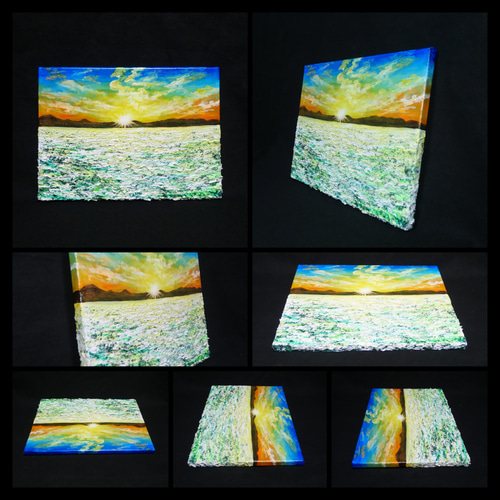 油絵 油彩 油彩画 絵 絵画 【草原に咲く白い花と朝日】 絵画 HR 通販