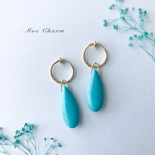 天然石 ターコイズ 大粒 イヤリング／フープイヤリング  