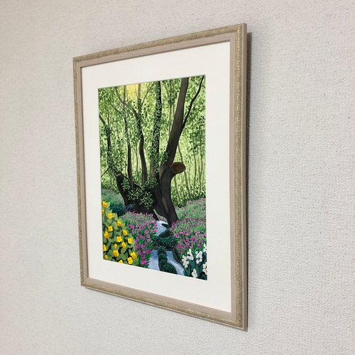大カツラとカタクリの花」透明水彩画 原画 風景画 額縁付 F4サイズ