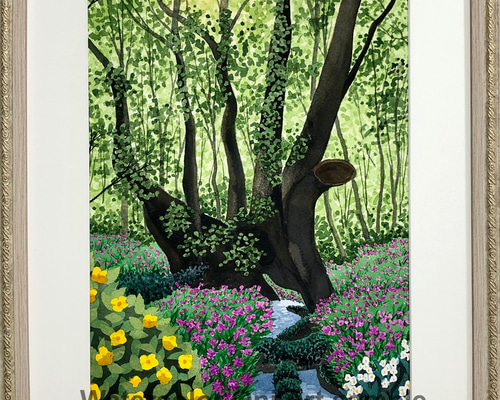 透明水彩画 原画 「千年の大樹とカタクリの花」額縁付 F4サイズ