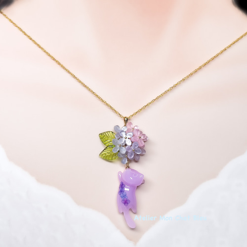 紫　花火　夜空　ラメ　猫　5個セット 紫陽花追っかけねこのネックレス バイオレット×ブルー | Atelier
