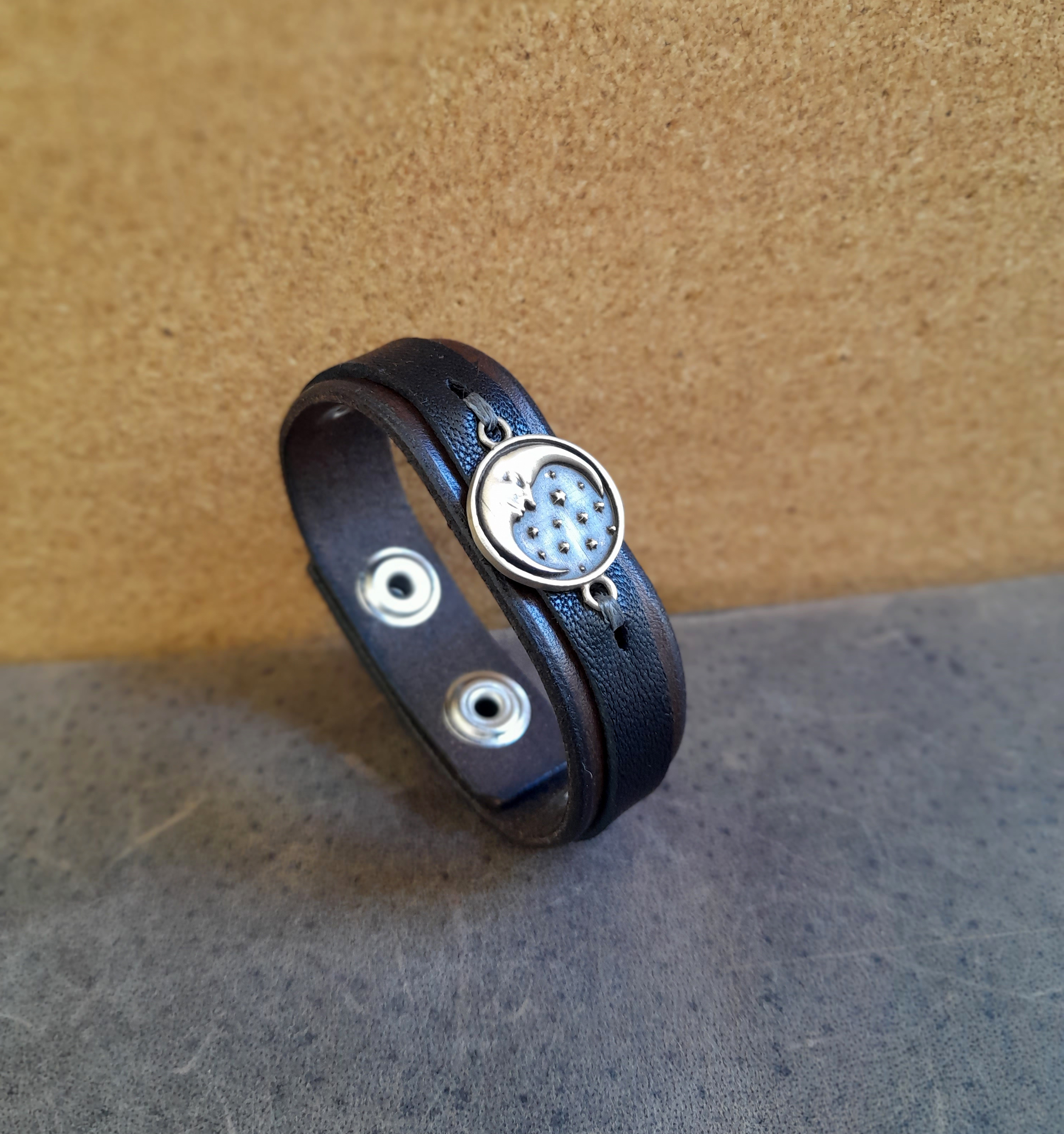 Crescent Moon Bracelet, Handmade Celestial Leather Bangle